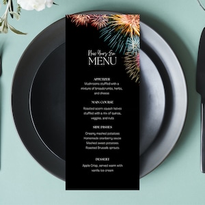 Benutzerdefinierte Neujahrsmenüvorlage Bearbeitbares Neujahrsmenü Canva Bearbeitbares Silvester-Dinner-Menü Neujahrs-Dinner-Party-Menü Neujahrsparty