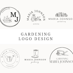 May include: A collection of black and white logo designs for a gardening business called "Maria Johnson Gardening". The logos feature various gardening-related imagery, including a pair of boots, a watering can, a wheelbarrow, and a person gardening.