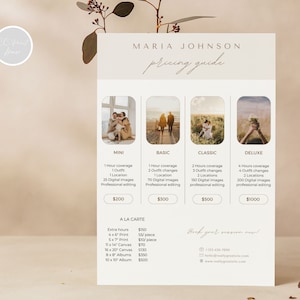 Lista de preços de fotografia Modelo Canva editável Modelo de folha de guia de preços para fotógrafo Guia de preços para fotógrafo Modelo Canva Marketing