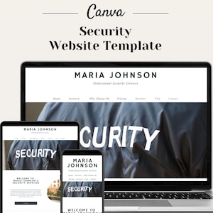 Könnte beinhalten: Eine Website-Vorlage für Sicherheitsdienste. Die Vorlage verfügt über einen dunkelgrauen Hintergrund mit dem Text "SECURITY" in Weiß. Die Website ist für eine Sicherheitsfachkraft namens Maria Johnson konzipiert.