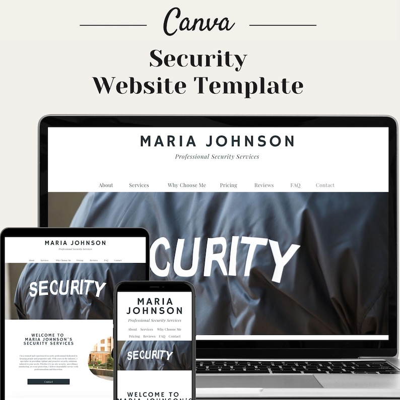 May include: A website template for security services. The template features a dark grey background with the text "SECURITY" in white. The website is designed for a security professional named Maria Johnson.