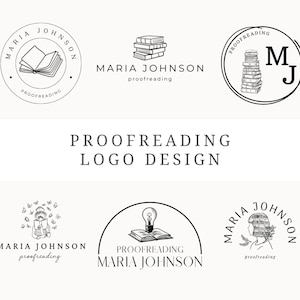 Puede incluir: Cinco diseños de logo diferentes para un negocio de corrección de pruebas llamado Maria Johnson. Los logotipos presentan una variedad de imágenes, incluidos libros, una bombilla y una cabeza de mujer con una pila de libros para el cabello. El texto "Maria Johnson" y "Corrección de pruebas" se incluye en cada logotipo.