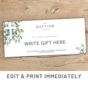 Cupón de regalo de bautismo Plantilla de cupón de regalo editable Canva Vale de bautizo Regalo Bautismo Cupón imprimible Bautismo Regalo personalizado de último minuto