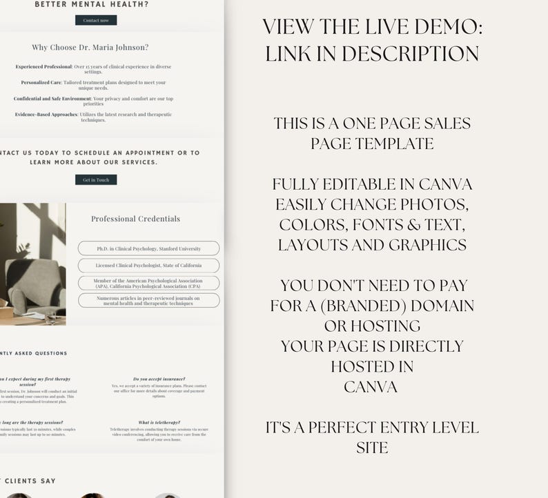 K&ouml;nnte beinhalten: Ein Website-Mockup f&uuml;r einen Psychotherapeuten, mit wei&szlig;em Hintergrund und schwarzem Text. Der Text enth&auml;lt den Titel "Bessere mentale Gesundheit?" und den Satz "Warum Dr. Maria Johnson w&auml;hlen?" Die Website enth&auml;lt auch einen Abschnitt mit dem Titel "Berufliche Qualifikationen" und einen Abschnitt mit dem Titel "H&auml;ufig gestellte Fragen".