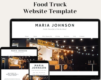 Puede incluir: Una maqueta de un sitio web para un camión de comida llamado Maria Johnson's. El sitio web se muestra en una computadora portátil, una tableta y un teléfono inteligente. El sitio web presenta una foto del camión de comida por la noche con luces de cadena, un menú e información de contacto.
