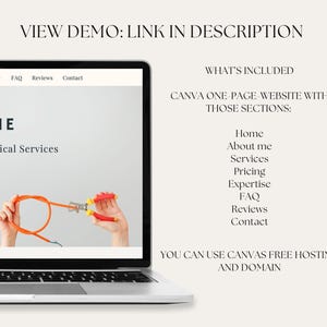 May include: A laptop computer screen displaying a website mockup for an electrical services business. The website includes sections for Home, About Me, Services, Pricing, Expertise, FAQ, Reviews, and Contact. The text "VIEW DEMO: LINK IN DESCRIPTION" is displayed at the top of the image.