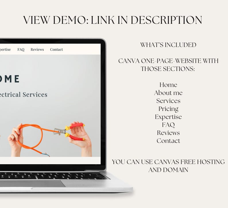 May include: A laptop computer screen displaying a website mockup for an electrical services business. The website includes sections for Home, About Me, Services, Pricing, Expertise, FAQ, Reviews, and Contact. The text "VIEW DEMO: LINK IN DESCRIPTION" is displayed at the top of the image.
