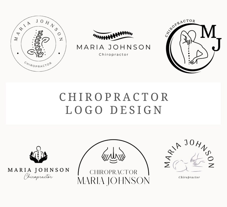 May include: A collection of black and white logo designs for a chiropractor named Maria Johnson. The logos feature a variety of chiropractic symbols, including a spine, hands, and a person receiving a chiropractic adjustment.
