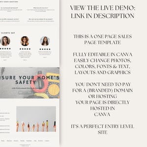 May include: A one-page website template for an electrician business. The template features a header with the text "VIEW THE LIVE DEMO: LINK IN DESCRIPTION", a section with customer testimonials, a section with the text "ENSURE YOUR HOME'S SAFETY with Professional Electrical Services", and a contact section. The template is fully editable in Canva and can be used to create a professional website for any electrician business.