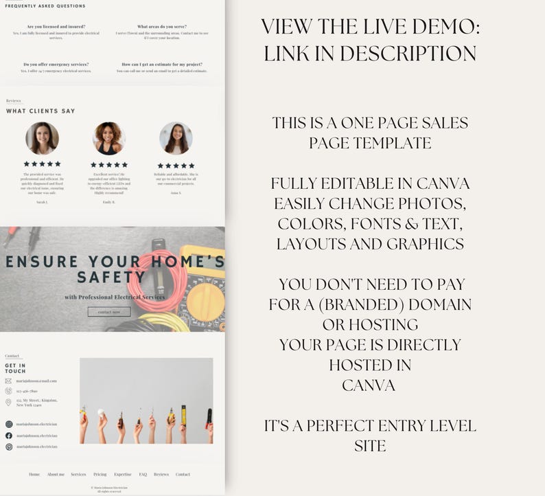 May include: A one-page website template for an electrician business. The template features a header with the text "VIEW THE LIVE DEMO: LINK IN DESCRIPTION", a section with customer testimonials, a section with the text "ENSURE YOUR HOME'S SAFETY with Professional Electrical Services", and a contact section. The template is fully editable in Canva and can be used to create a professional website for any electrician business.
