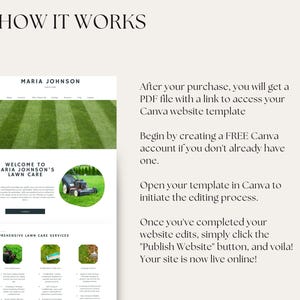 Puede incluir: Una captura de pantalla de un sitio web para Maria Johnson's Lawn Care. El sitio web tiene un fondo verde con una imagen de una cortadora de c&eacute;sped. El texto "Bienvenido a Maria Johnson's Lawn Care" se muestra en un cuadro blanco. El sitio web tambi&eacute;n incluye una secci&oacute;n para servicios integrales de cuidado del c&eacute;sped.