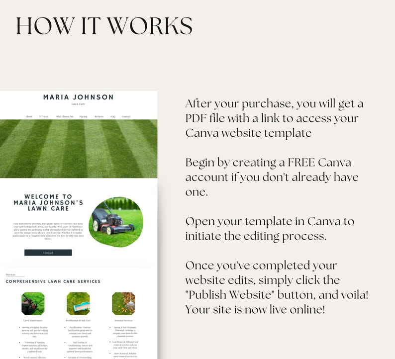 Puede incluir: Una captura de pantalla de un sitio web para Maria Johnson's Lawn Care. El sitio web tiene un fondo verde con una imagen de una cortadora de c&eacute;sped. El texto "Bienvenido a Maria Johnson's Lawn Care" se muestra en un cuadro blanco. El sitio web tambi&eacute;n incluye una secci&oacute;n para servicios integrales de cuidado del c&eacute;sped.