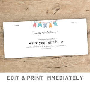 Felicitaciones Cupón de regalo para bebé Plantilla de cupón de regalo editable Canva Cupón de nuevo bebé Certificado de regalo de nacimiento Regalo de último minuto para bebé imprimible