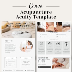 May include: A white and grey acupuncture practice template with the text "Welcome to Maria Johnson's Acupuncture Practice" at the top. The template includes information about the practice, including the practitioner's name, contact information, hours of operation, and services offered. The template also includes a booking form.