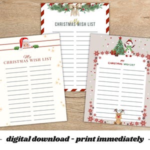 Weihnachtswunschliste druckbare 3 Designs DIY Urlaub Wunschliste Weihnachtswunschliste Kinder Weihnachtswunschliste Tracker Geschenkliste Planer