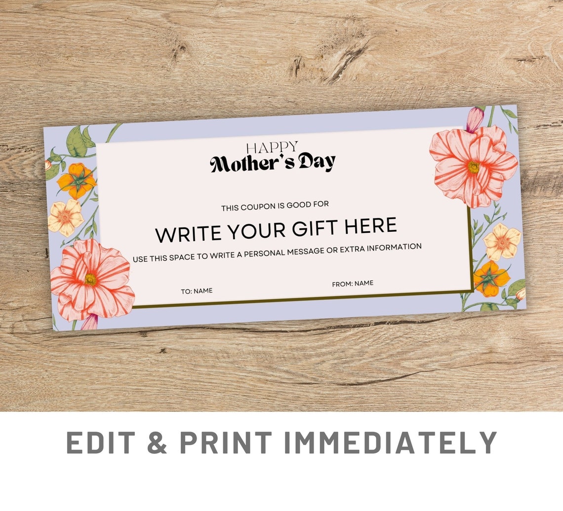 Custom Mother's Day Gift Coupon Template Canva Gift for Mom Coupon