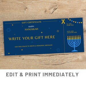 Modèle de carte-cadeau de Hanoucca personnalisé Coupon Canva Bon de Hanoucca Modèle de chèque-cadeau de Hanoucca Bon cadeau imprimable Carte de Hanoucca modifiable