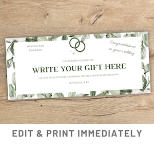 Green Wedding Gift Coupon Editable Gift Coupon Template Canva Wedding Certificate Gift Custom Wedding Voucher Last Minute Wedding Gift