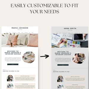 May include: Two website mockups for interior design services. The first mockup features a photo of a living room with a couch and pillows. The second mockup features a photo of a designer working on a computer. Both mockups include the text "Welcome to Maria Johnson's Interior Design" and "Services Tailored to You".