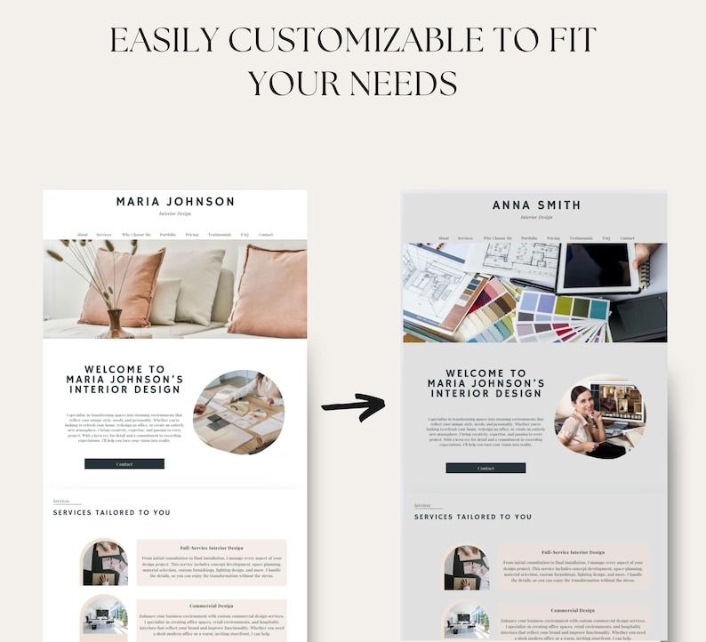May include: Two website mockups for interior design services. The first mockup features a photo of a living room with a couch and pillows. The second mockup features a photo of a designer working on a computer. Both mockups include the text "Welcome to Maria Johnson's Interior Design" and "Services Tailored to You".