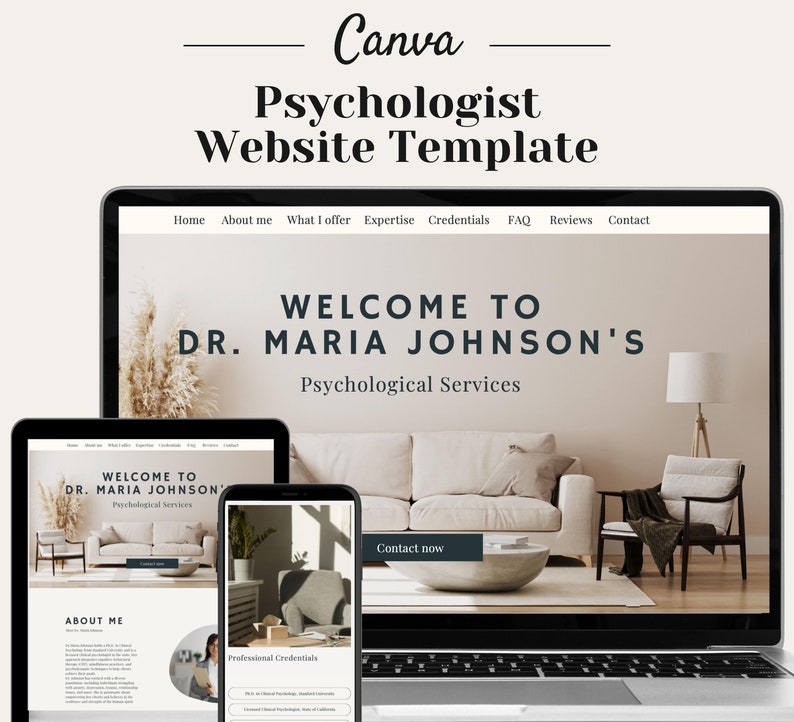 K&ouml;nnte beinhalten: Ein Laptop-Computer, der eine Website-Vorlage f&uuml;r einen Psychologen anzeigt. Die Website hat einen hellbeigen Hintergrund mit einem gro&szlig;en Bild eines Wohnzimmers mit einem Sofa, einem Stuhl und einer Lampe. Der Text "Willkommen bei Dr. Maria Johnson's Psychological Services" wird in dunkelblau auf der Website angezeigt.