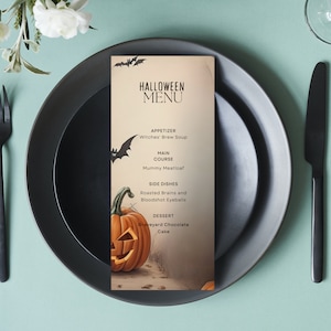 Szablon menu na Halloween Edytowalna karta menu jesiennego Canva Edytowalny szablon Menu kolacji na Halloween Menu kolacji na Halloween Impreza na Halloween
