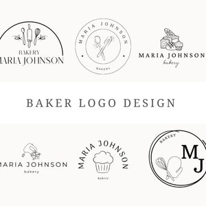 Puede incluir: Cinco diseños de logo en blanco y negro para una panadería llamada "Maria Johnson Bakery". Los logotipos presentan varias imágenes relacionadas con la panadería, que incluyen un rodillo, un batidor, tazones para mezclar, un cupcake y un batidor y un guante para horno.