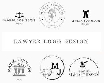 May include: A collection of minimalist lawyer logo designs in black and white. The logos feature scales of justice, a gavel, a courthouse, and the text "Maria Johnson, lawyer". The phrase "Lawyer Logo Design" is also displayed.