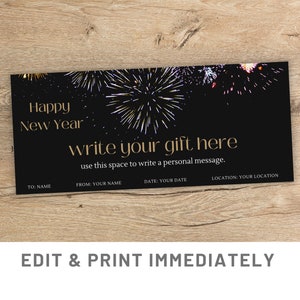Modèle de coupon-cadeau modifiable pour le Nouvel An Modèle de chèque-cadeau pour le Nouvel An Canva