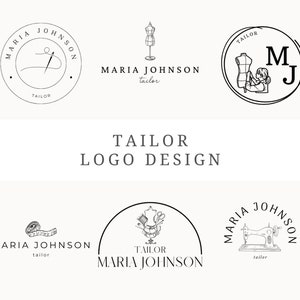 Könnte beinhalten: Fünf verschiedene Logo-Designs für eine Schneiderin namens Maria Johnson. Die Logos zeigen eine Nähnadel und Faden, eine Schneiderpuppe, eine Nähmaschine, ein Maßband und eine Schere.