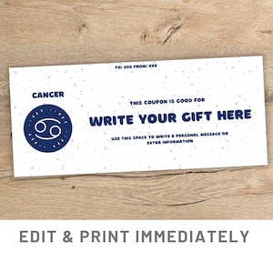 Bon-cadeau horoscope Cancer Modèle de bon-cadeau modifiable Carte Canva astrologie Cancer Carte-cadeau Cancer Astrologie Cancer Carte cadeau zodiaque Cancer