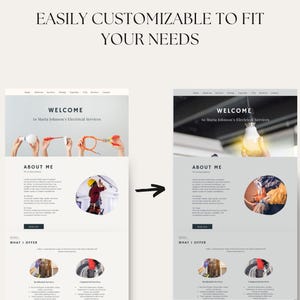 May include: A website design template for an electrician's business. The template features a welcome message, an about me section, and a section highlighting services offered. The template is customizable to fit the needs of the business.