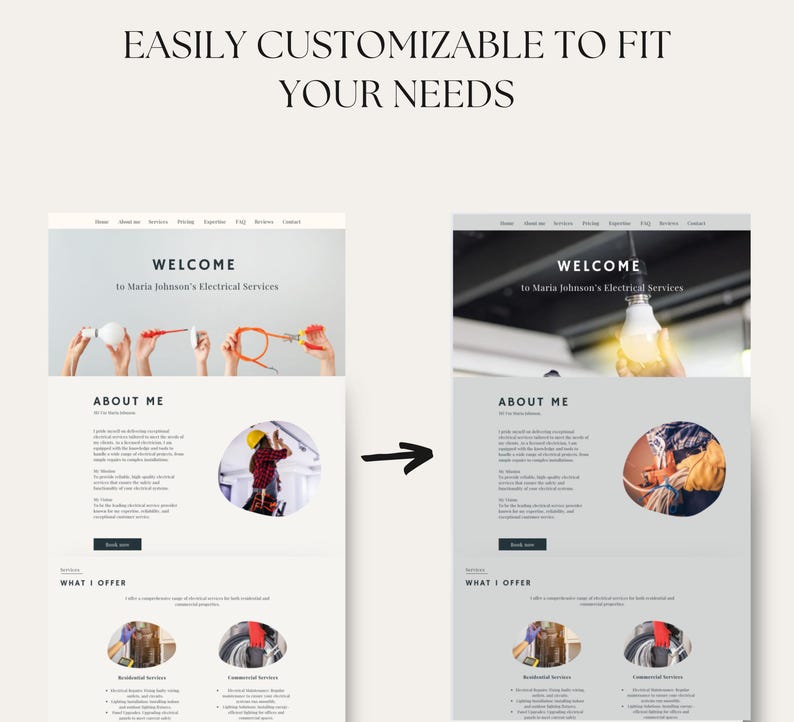 May include: A website design template for an electrician's business. The template features a welcome message, an about me section, and a section highlighting services offered. The template is customizable to fit the needs of the business.