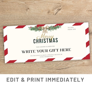 Weihnachtsgutschein, individuelle Weihnachtsgeschenk-Gutscheinvorlage, Canva-Weihnachtsgutschein, rote Geschenkkartenvorlage, druckbares Last-Minute-Weihnachtsgeschenk