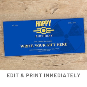 Modèle de coupon de coupon d'anniversaire Fallout modifiable Chèque-cadeau Canva Fallout Coupon-cadeau imprimable Fallout Cadeau personnalisé Fallout