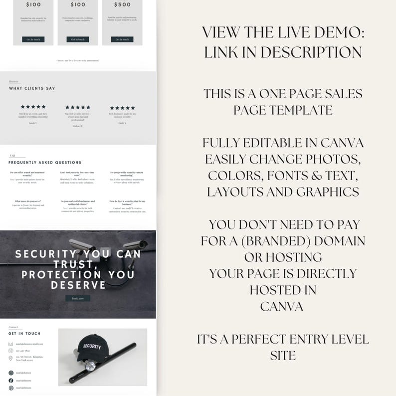 May include: A digital marketing template for a security company. The template is fully editable in Canva and includes a call to action to view a live demo. The text on the template reads "Security You Can Trust, Protection You Deserve".