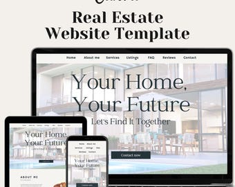 Pode incluir: Um modelo de site para agentes imobiliários, com um design moderno e uma imagem grande de uma casa com o texto "Sua casa, seu futuro. Encontremos juntos." O site inclui uma barra de navegação com links para Início, Sobre mim, Serviços, Listagens, Perguntas frequentes, Avaliações e Contato.