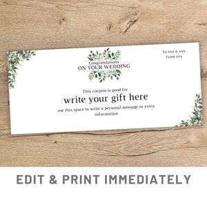 Cupom de presente de casamento floral editável, modelo de cupom de presente canva, certificado de casamento personalizado, voucher de casamento de última hora, presente de casamento