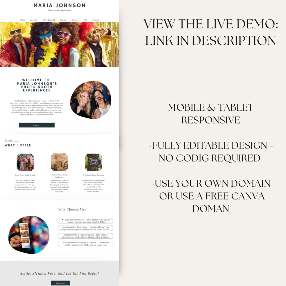 Photo Booth Website Template, Canva Landing Page (digital) Etsy