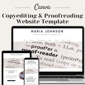 May include: A website template for copyediting and proofreading services. The template features a laptop, tablet, and smartphone displaying a website design with the text "MARIA JOHNSON Professional Copyediting & Proofreading Services" and navigation links for "About", "Services", "Why Choose Me", "Pricing", "Reviews", "FAQ", and "Contact". The background image is a close-up of a dictionary page with the word "proofreader" highlighted.