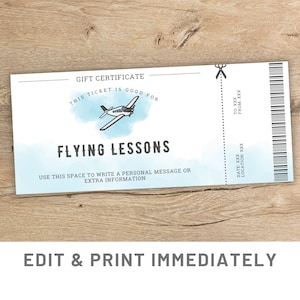 Voucher de aulas de voo personalizado, modelo de cupom de presente de voo Canva Pilot Training Voucher Cartão de presente Escola de voo para impressão Presente de última hora