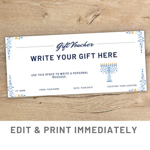 Modèle de coupon-cadeau de Hanoukka modifiable Coupon Canva Bon de Hanoukka Modèle de certificat-cadeau Coupon-cadeau imprimable Carte de Hanoukka personnalisée
