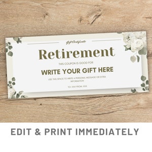 Elegante cupón de jubilación Canva Plantilla de tarjeta de regalo editable Cupón de Canva Vale de regalo de jubilación imprimible Canva Regalo personalizado de último minuto