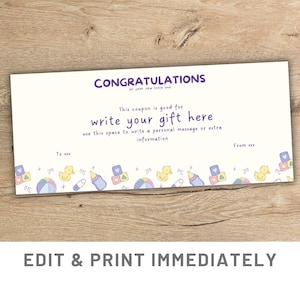 Herzlichen Glückwunsch Neugeborenen Geschenkgutschein Bearbeitbare Coupon Vorlage Canva New Baby Gutschein Geburt Geschenkgutschein Baby Shower Last Minute Geschenk