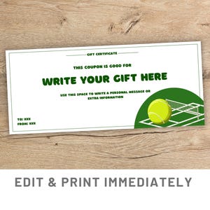 Coupon cadeau tennis Modèle de coupon cadeau modifiable Chèque-cadeau voyage de tennis Canva Cadeau d'anniversaire tennis Billet de tennis Chèque cadeau tennis personnalisé
