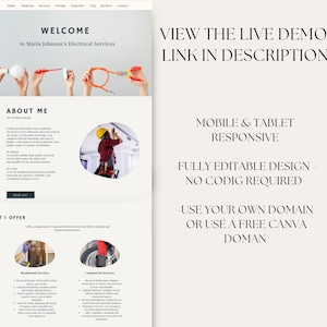 May include: Website mockup for an electrician's business. The website features a welcome message, an about me section, a services section, and a call to action to view the live demo. The website is fully editable and responsive.