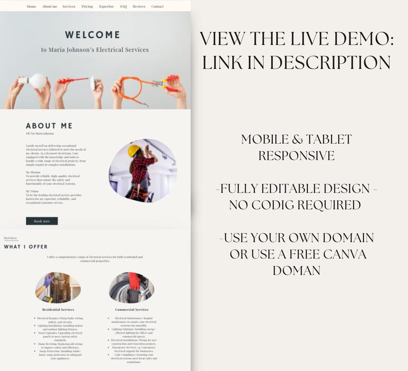 May include: Website mockup for an electrician's business. The website features a welcome message, an about me section, a services section, and a call to action to view the live demo. The website is fully editable and responsive.