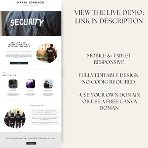 May include: Website mockup for a security services company called Maria Johnson's Security Services. The website features a black and white colour scheme with a professional and modern design. The website includes a header with the company name and logo, a section with a welcome message, a section highlighting what the company offers, and a section about why you should choose Maria Johnson's Security Services. The website also includes a call to action to view the live demo.