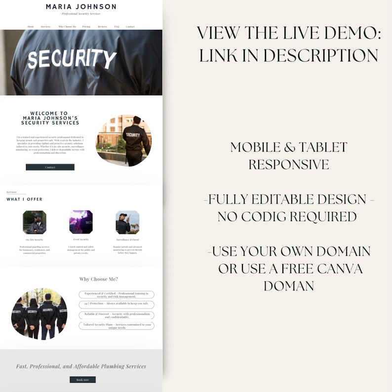 May include: Website mockup for a security services company called Maria Johnson's Security Services. The website features a black and white colour scheme with a professional and modern design. The website includes a header with the company name and logo, a section with a welcome message, a section highlighting what the company offers, and a section about why you should choose Maria Johnson's Security Services. The website also includes a call to action to view the live demo.
