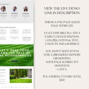 Puede incluir: Una plantilla de sitio web para empresas de cuidado de c&eacute;sped. La plantilla presenta un c&eacute;sped verde, un bot&oacute;n de llamada a la acci&oacute;n y texto que dice "Hagamos que tu c&eacute;sped sea la envidia del vecindario".